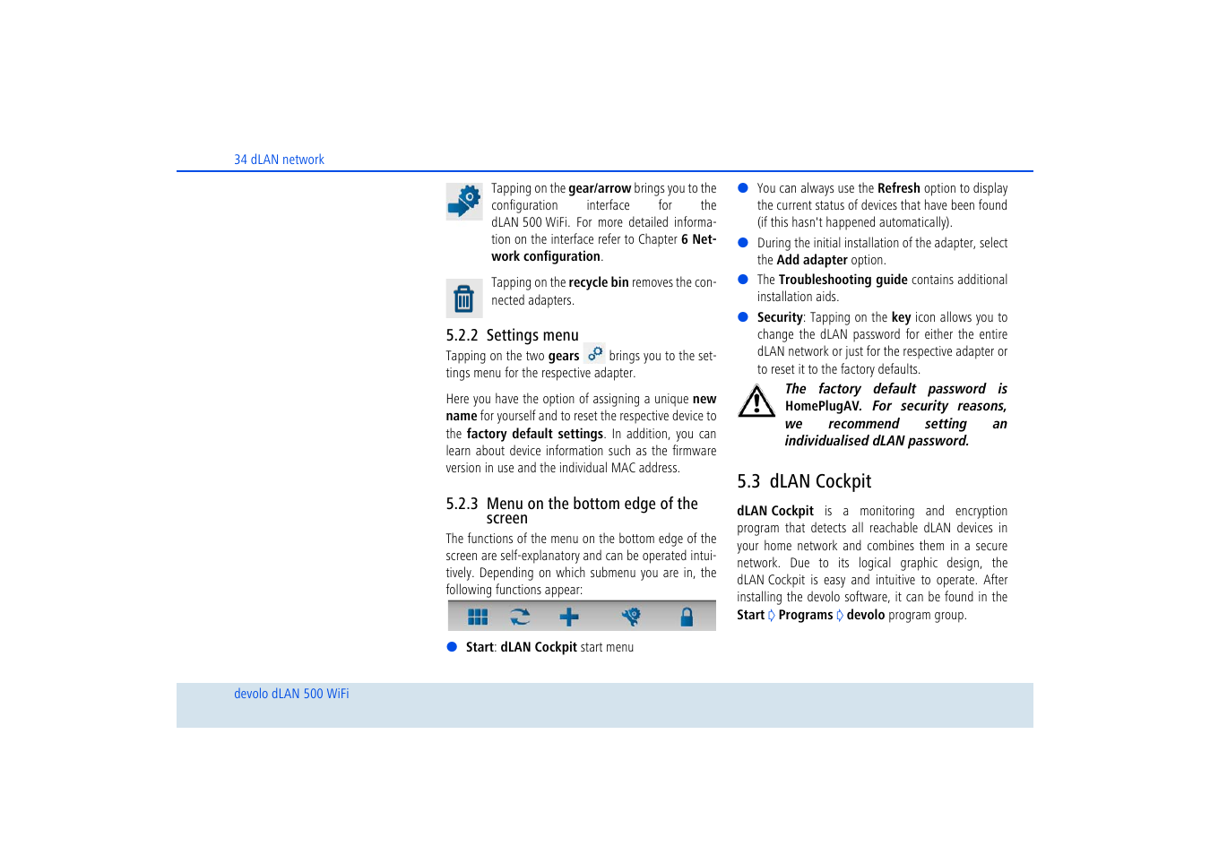 2 settings menu, 3 menu on the bottom edge of the screen, 3 dlan cockpit | Settings menu, Menu on the bottom edge of the screen, Dlan cockpit | Devolo dLAN 500 WiFi User Manual | Page 35 / 81