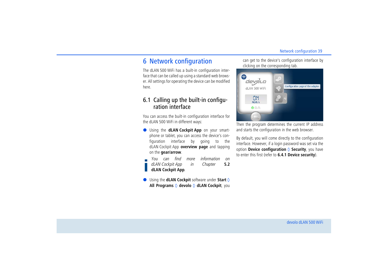 6 network configuration, 1 calling up the built-in configuration interface, Calling up the built-in configuration interface | R 6 network configuration, And 6 network configuration | Devolo dLAN 500 WiFi User Manual | Page 40 / 81