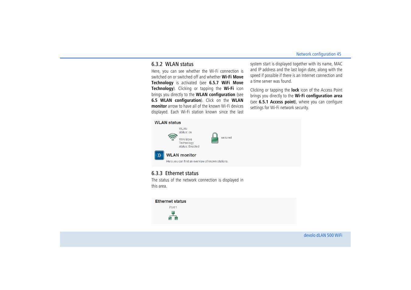 2 wlan status, 3 ethernet status, Wlan status | Ethernet status | Devolo dLAN 500 WiFi User Manual | Page 46 / 81