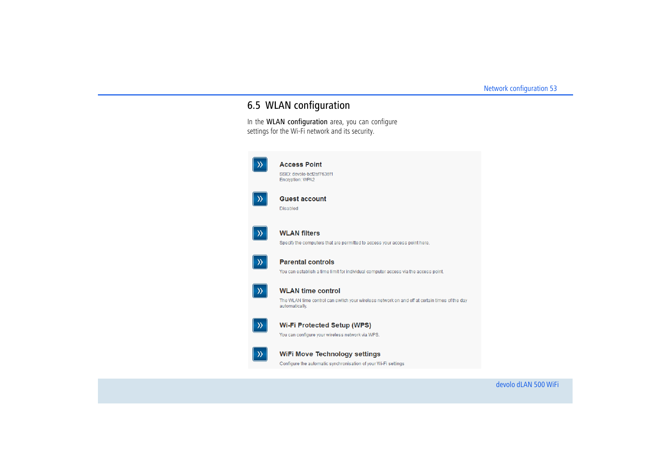 5 wlan configuration, Wlan configuration | Devolo dLAN 500 WiFi User Manual | Page 54 / 81