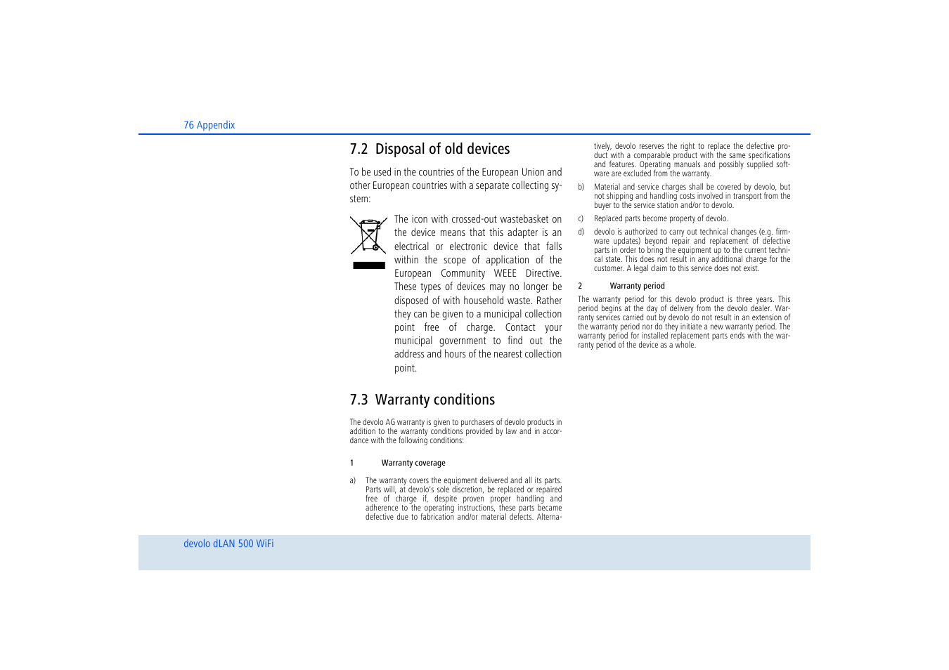 2 disposal of old devices, 3 warranty conditions, Disposal of old devices | Warranty conditions | Devolo dLAN 500 WiFi User Manual | Page 77 / 81