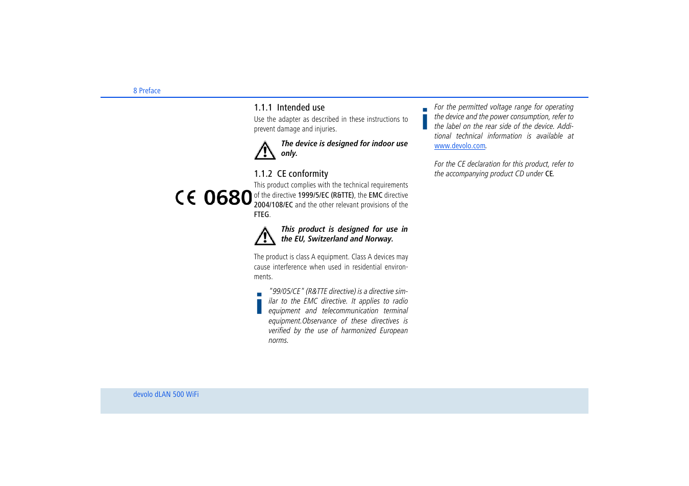 1 intended use, 2 ce conformity, Intended use | Ce conformity | Devolo dLAN 500 WiFi User Manual | Page 9 / 81