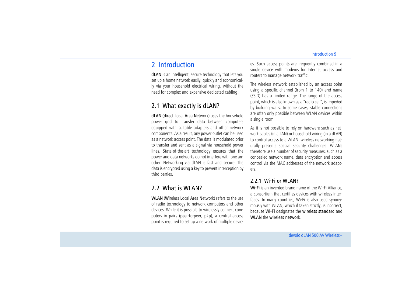 2 introduction, 1 what exactly is dlan, 2 what is wlan | 1 wi-fi or wlan, What exactly is dlan, What is wlan, Wi-fi or wlan | Devolo dLAN 500 AV Wireless+ User Manual | Page 10 / 83