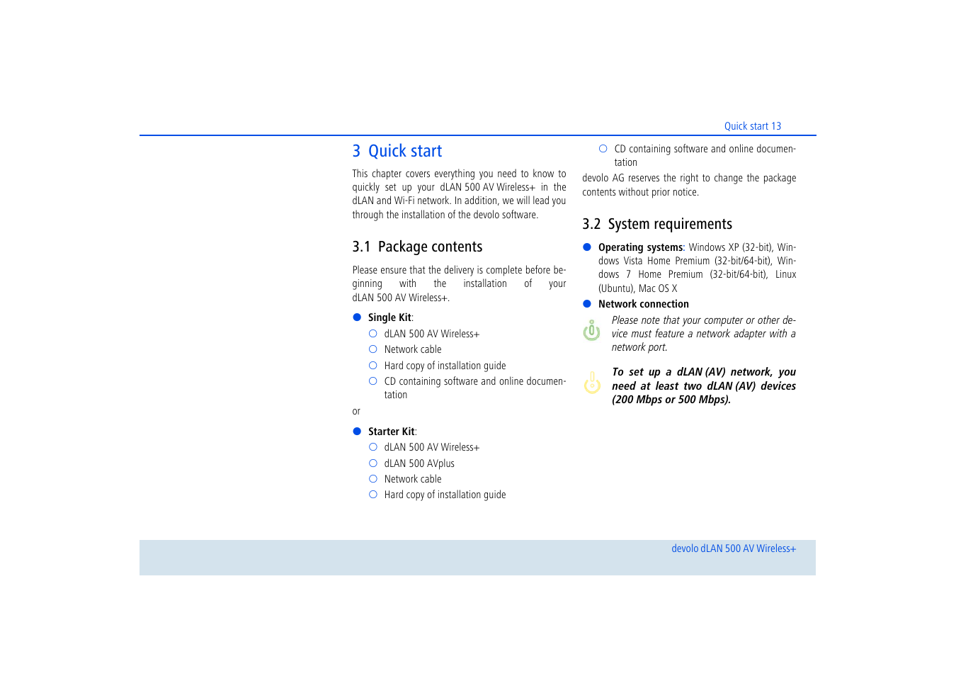 3 quick start, 1 package contents, 2 system requirements | Package contents, System requirements | Devolo dLAN 500 AV Wireless+ User Manual | Page 14 / 83