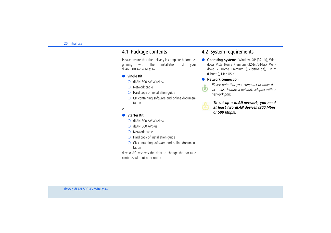 1 package contents, 2 system requirements, Package contents | System requirements | Devolo dLAN 500 AV Wireless+ User Manual | Page 21 / 83