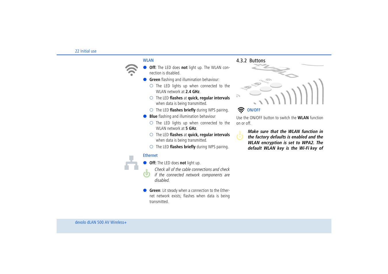 2 buttons, Buttons | Devolo dLAN 500 AV Wireless+ User Manual | Page 23 / 83