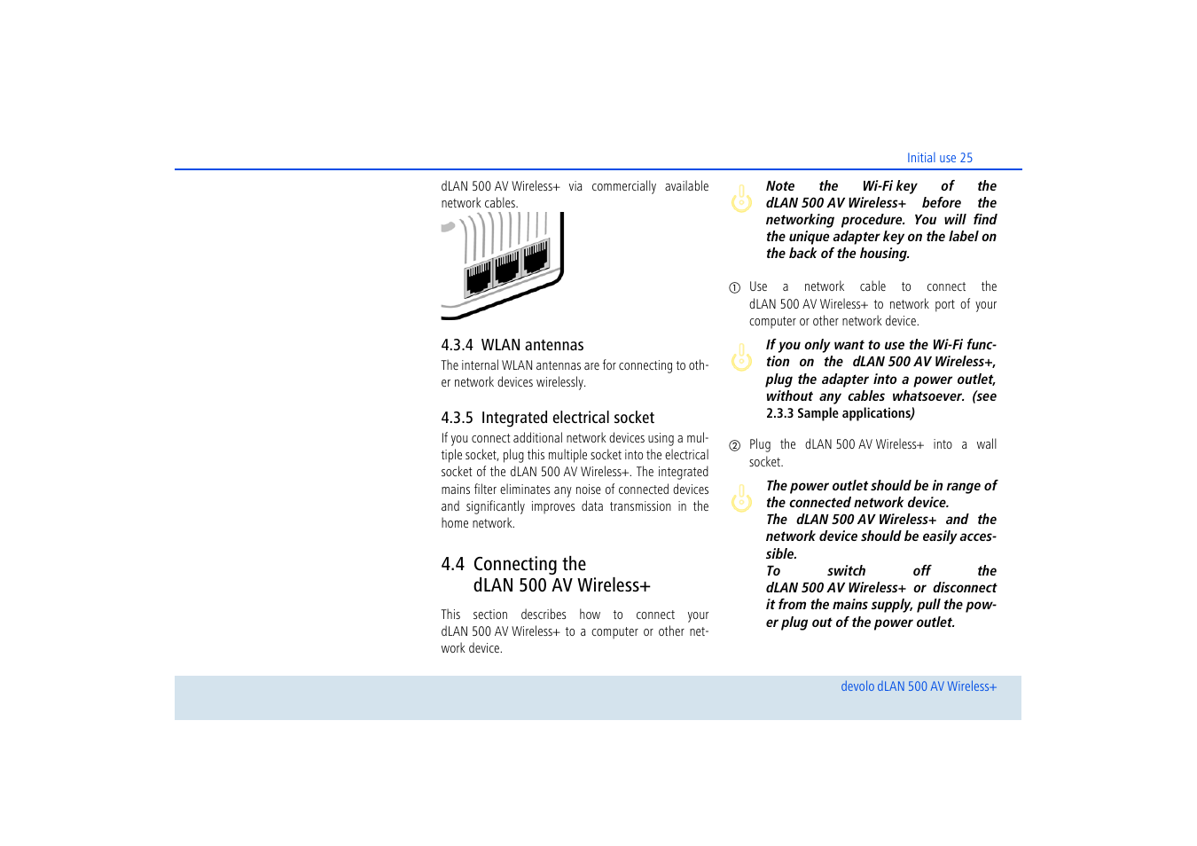 4 wlan antennas, 5 integrated electrical socket, 4 connecting the dlan 500 av wireless | Wlan antennas, Integrated electrical socket, Connecting the dlan 500 av wireless | Devolo dLAN 500 AV Wireless+ User Manual | Page 26 / 83