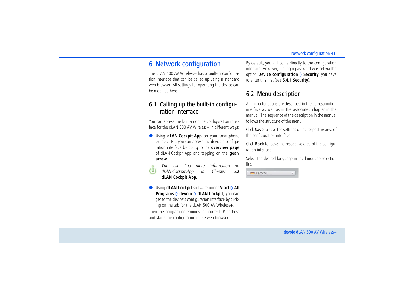 6 network configuration, 1 calling up the built-in configuration interface, 2 menu description | Calling up the built-in configuration interface, Menu description, R to chapter 6 network configuration, Ter (see 6 network configuration | Devolo dLAN 500 AV Wireless+ User Manual | Page 42 / 83