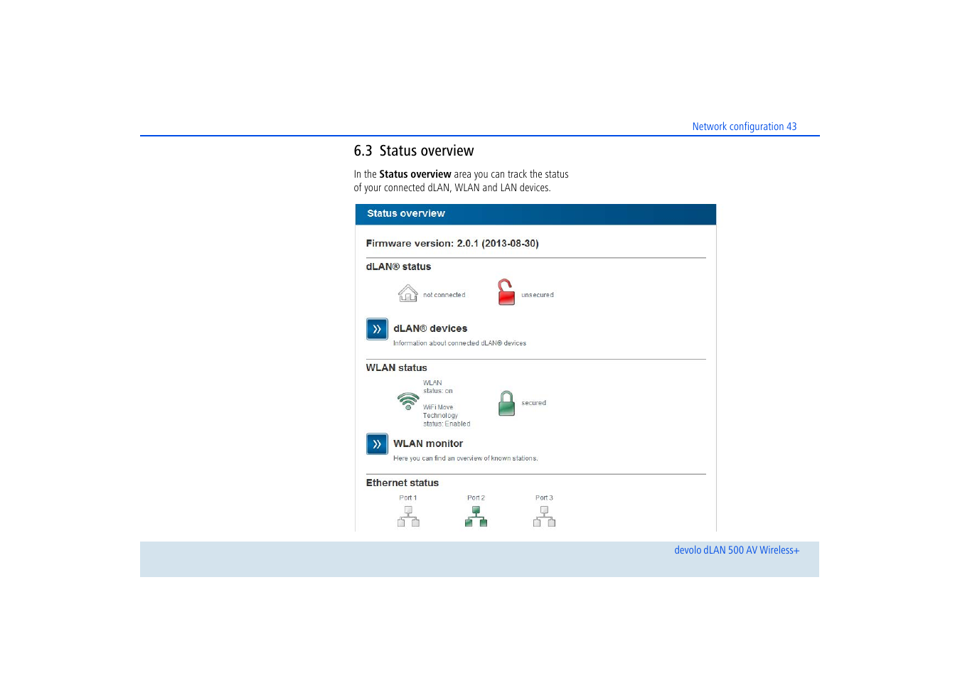 3 status overview, Status overview | Devolo dLAN 500 AV Wireless+ User Manual | Page 44 / 83