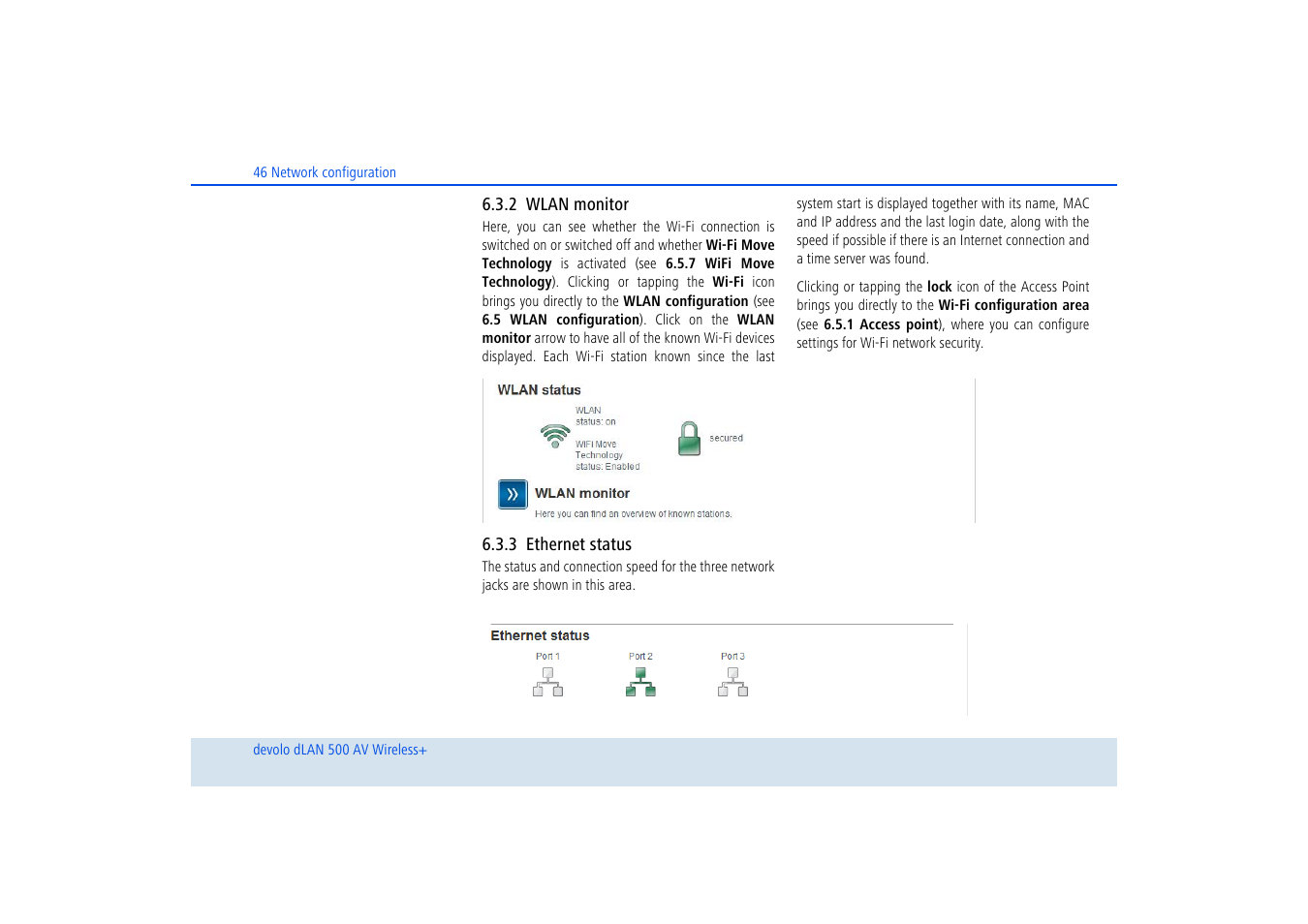 2 wlan monitor, 3 ethernet status, Wlan monitor | Ethernet status | Devolo dLAN 500 AV Wireless+ User Manual | Page 47 / 83