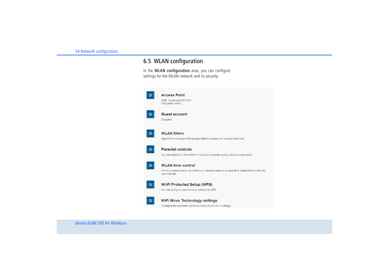 5 wlan configuration, Wlan configuration | Devolo dLAN 500 AV Wireless+ User Manual | Page 55 / 83