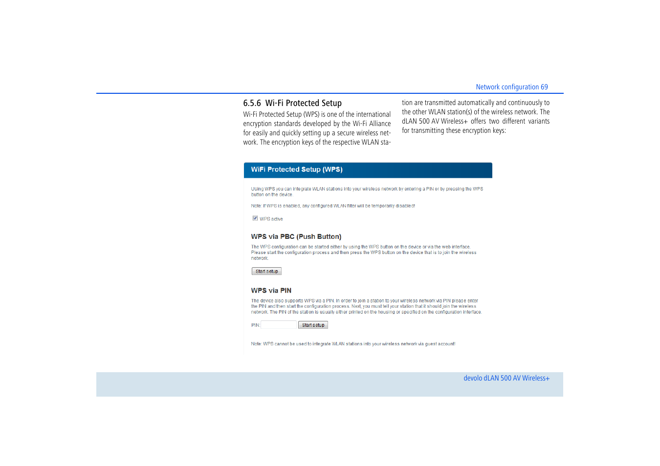 6 wi-fi protected setup, Wi-fi protected setup | Devolo dLAN 500 AV Wireless+ User Manual | Page 70 / 83