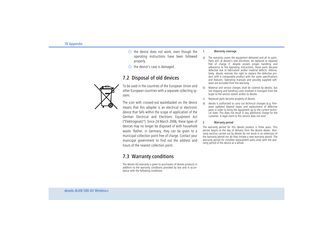2 disposal of old devices, 3 warranty conditions, Disposal of old devices | Warranty conditions | Devolo dLAN 500 AV Wireless+ User Manual | Page 79 / 83