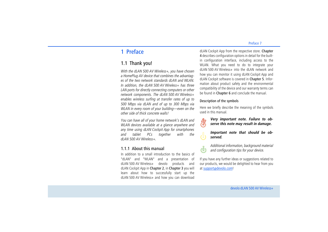 1 preface, 1 thank you, 1 about this manual | Thank you, About this manual | Devolo dLAN 500 AV Wireless+ User Manual | Page 8 / 83