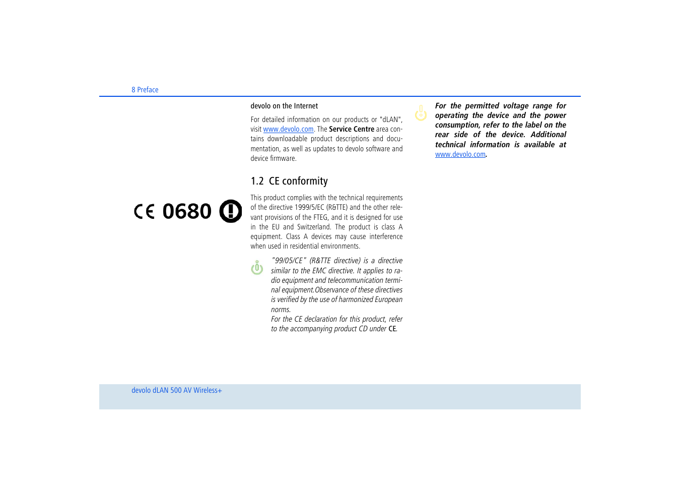 2 ce conformity, Ce conformity | Devolo dLAN 500 AV Wireless+ User Manual | Page 9 / 83