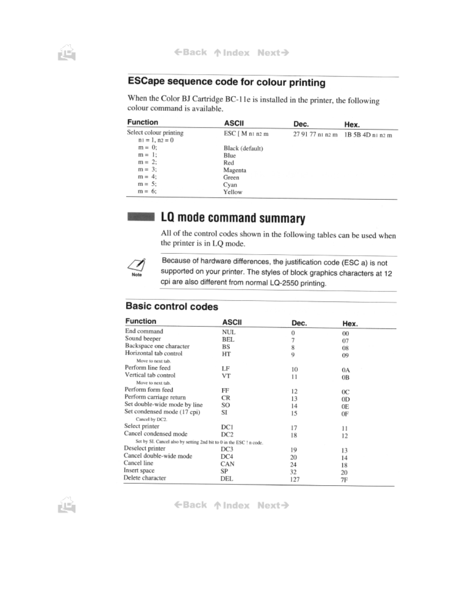 Escape sequence code for colour printing, Lq mode command summary, Basic control codes | Canon BJC-50 User Manual | Page 130 / 141