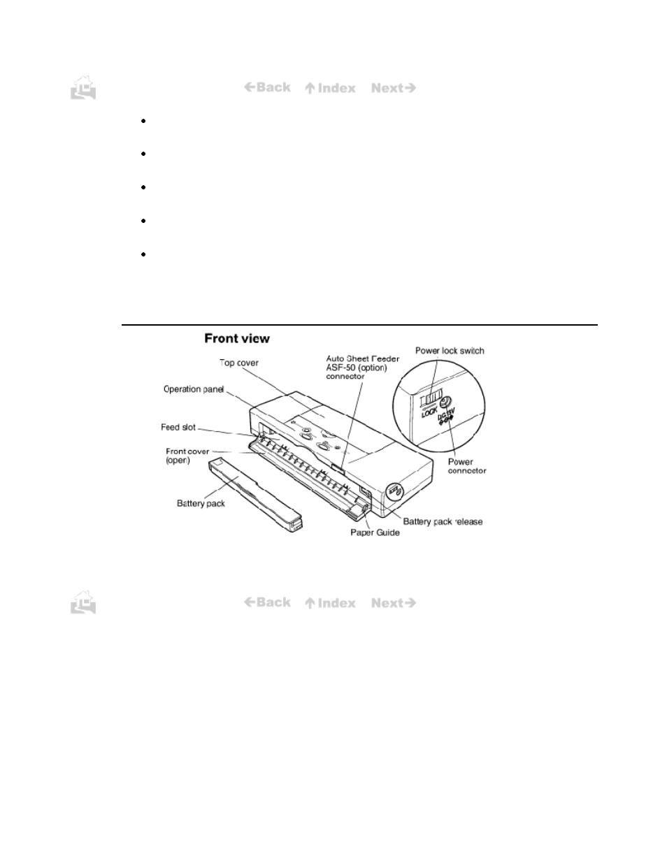 Examining the printer, Front view | Canon BJC-50 User Manual | Page 17 / 141