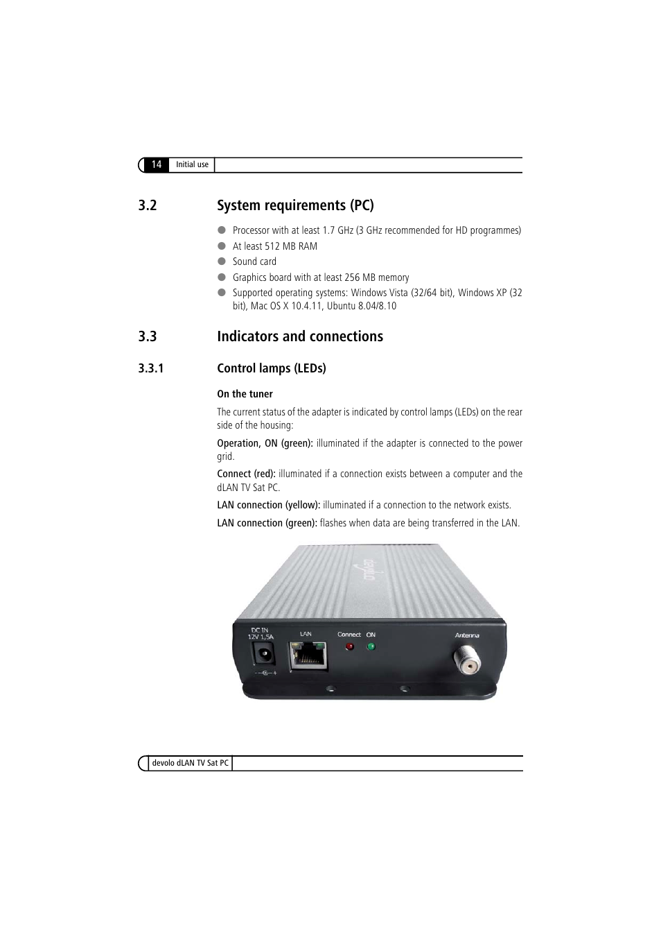 2 system requirements (pc), 3 indicators and connections, 1 control lamps (leds) | System requirements (pc), Indicators and connections 3.3.1, Control lamps (leds) | Devolo dLAN TV Sat PC User Manual | Page 14 / 75