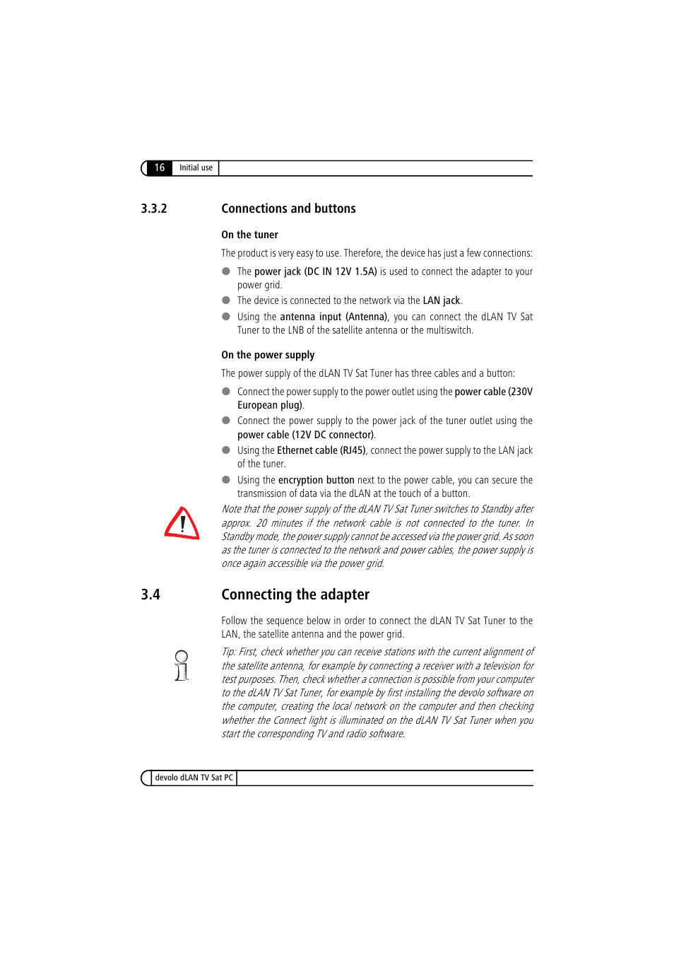 2 connections and buttons, 4 connecting the adapter, Connections and buttons | Connecting the adapter | Devolo dLAN TV Sat PC User Manual | Page 16 / 75