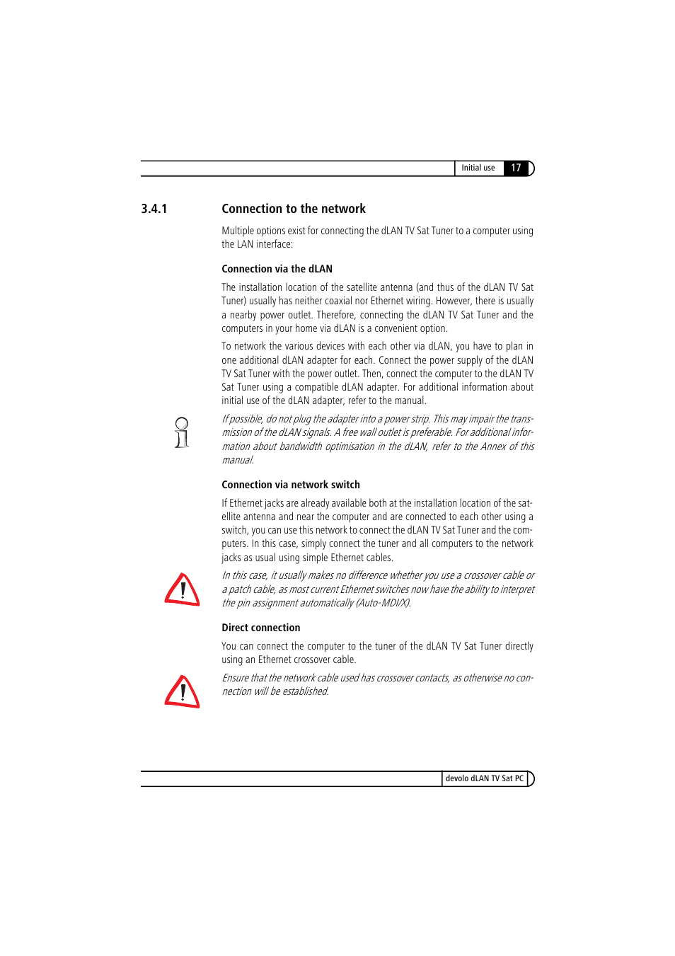 1 connection to the network, Connection to the network | Devolo dLAN TV Sat PC User Manual | Page 17 / 75