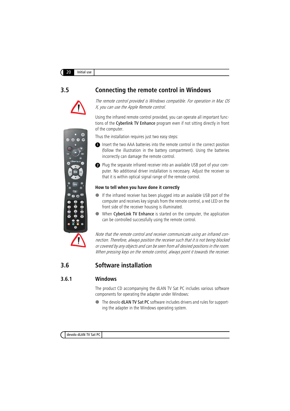 5 connecting the remote control in windows, 6 software installation, 1 windows | Connecting the remote control in windows, Software installation 3.6.1, Windows | Devolo dLAN TV Sat PC User Manual | Page 20 / 75