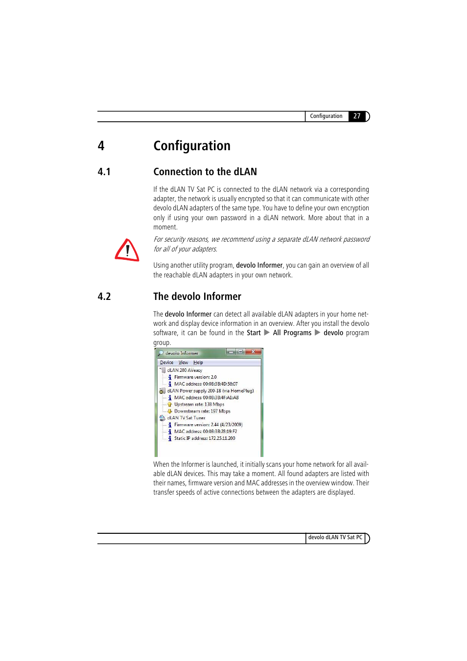 4 configuration, 1 connection to the dlan, 2 the devolo informer | Connection to the dlan, The devolo informer, 4configuration | Devolo dLAN TV Sat PC User Manual | Page 27 / 75