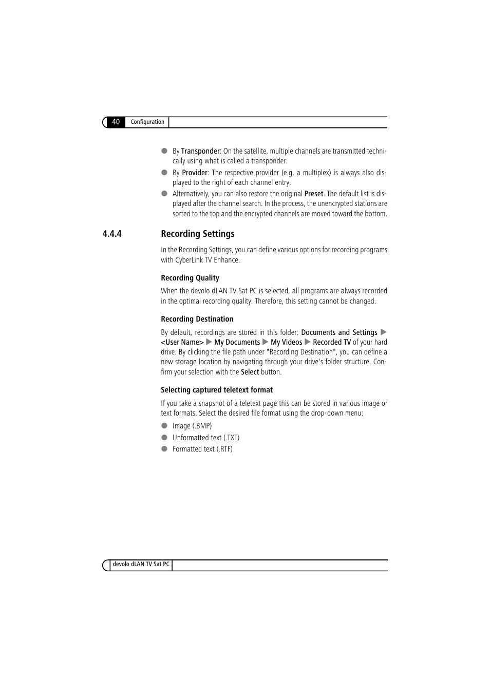 4 recording settings, Recording settings | Devolo dLAN TV Sat PC User Manual | Page 40 / 75