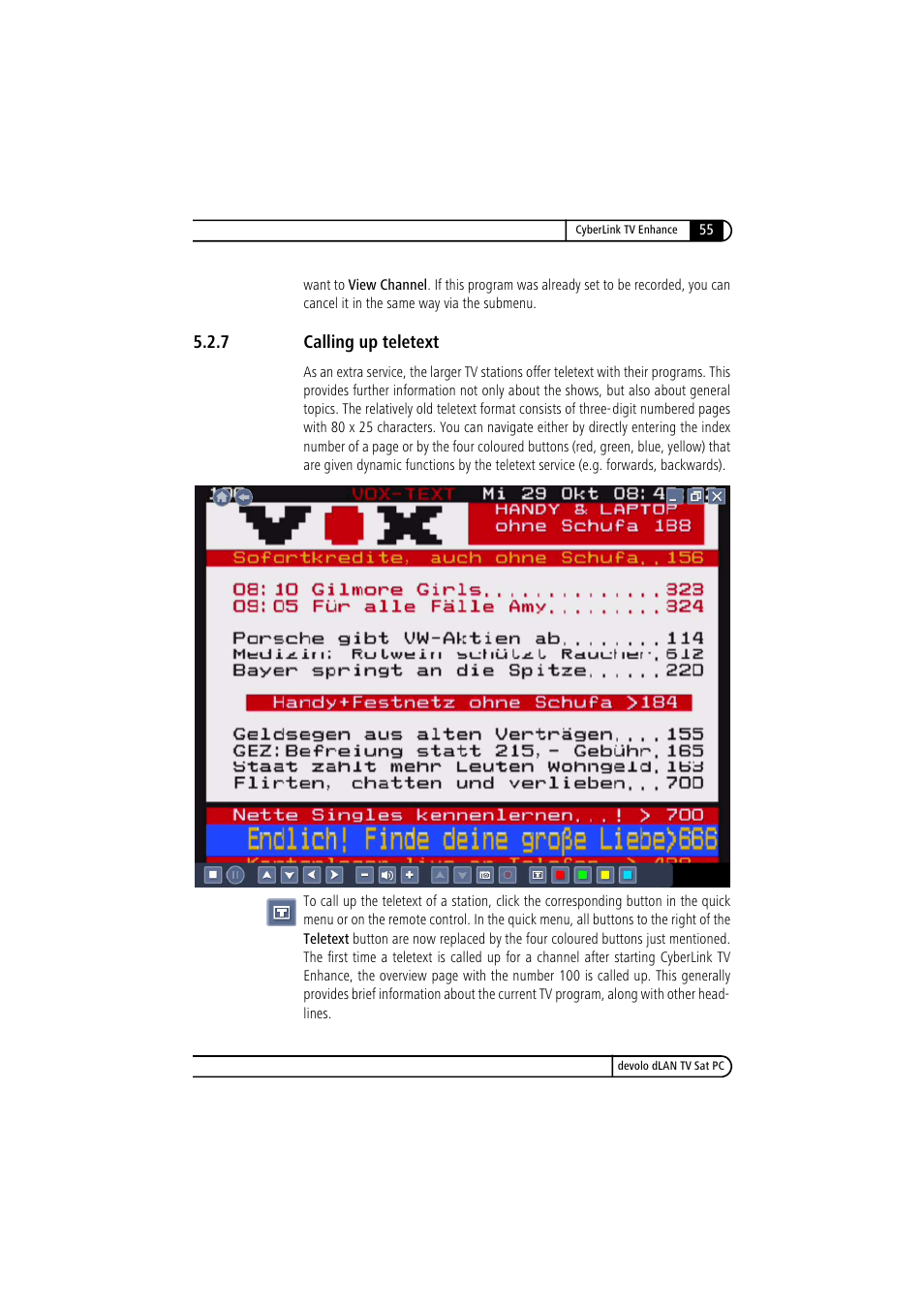 7 calling up teletext, Calling up teletext | Devolo dLAN TV Sat PC User Manual | Page 55 / 75