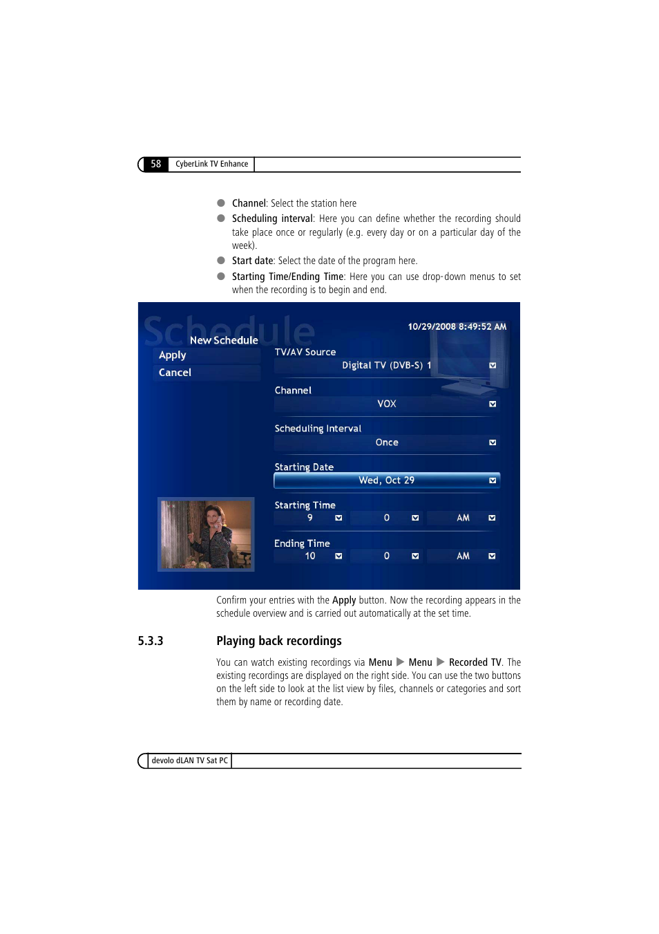 3 playing back recordings, Playing back recordings | Devolo dLAN TV Sat PC User Manual | Page 58 / 75