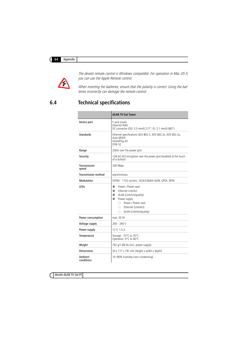 4 technical specifications, Technical specifications | Devolo dLAN TV Sat PC User Manual | Page 64 / 75