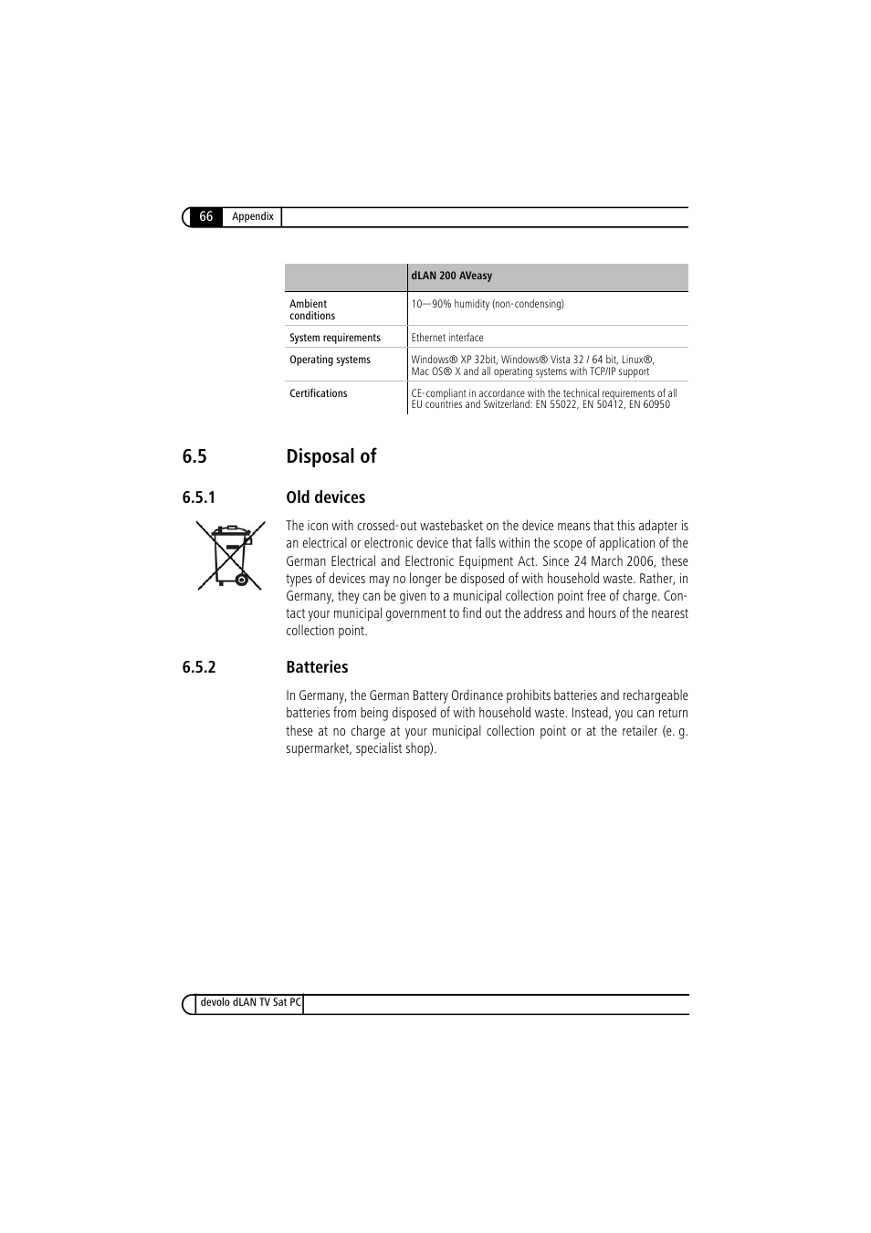 5 disposal of, 1 old devices, 2 batteries | Disposal of 6.5.1, Old devices, Batteries | Devolo dLAN TV Sat PC User Manual | Page 66 / 75