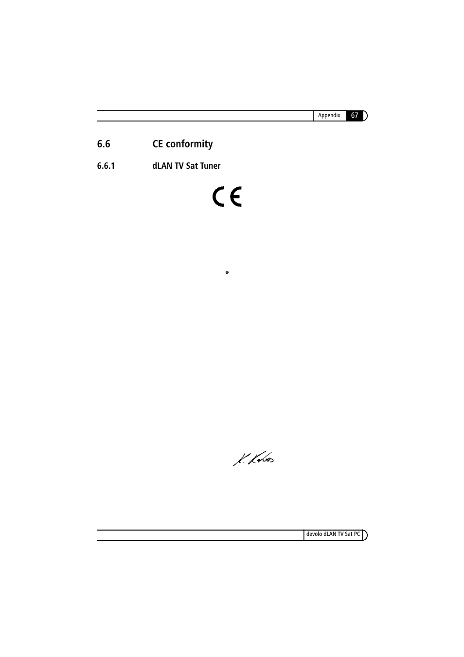 6 ce conformity, 1 dlan tv sat tuner, Ce conformity 6.6.1 | Dlan tv sat tuner, Konformitätserklärung | Devolo dLAN TV Sat PC User Manual | Page 67 / 75