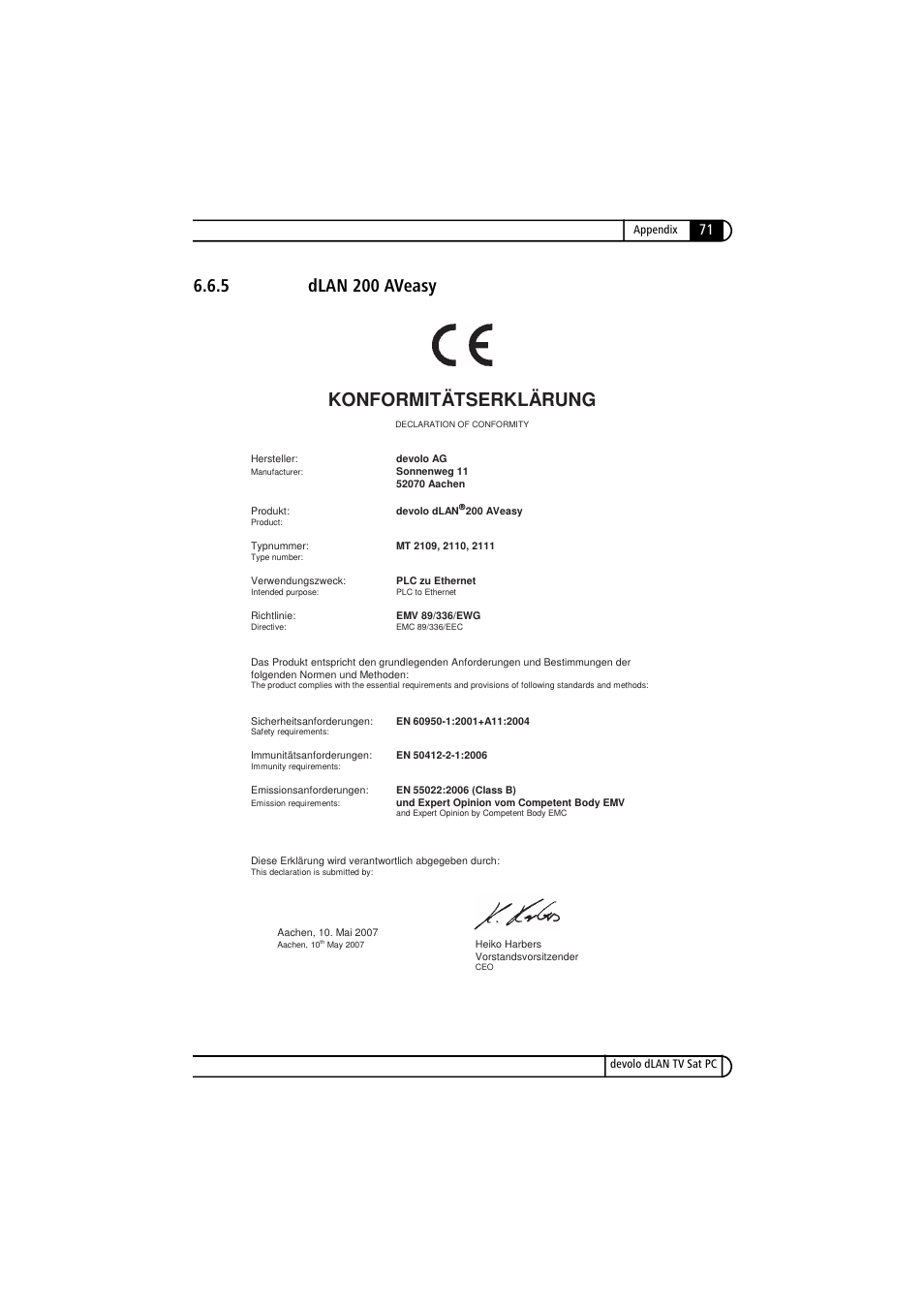 5 dlan 200 aveasy, Dlan 200 aveasy, 5 dlan 200 aveasy konformitätserklärung | Devolo dLAN TV Sat PC User Manual | Page 71 / 75