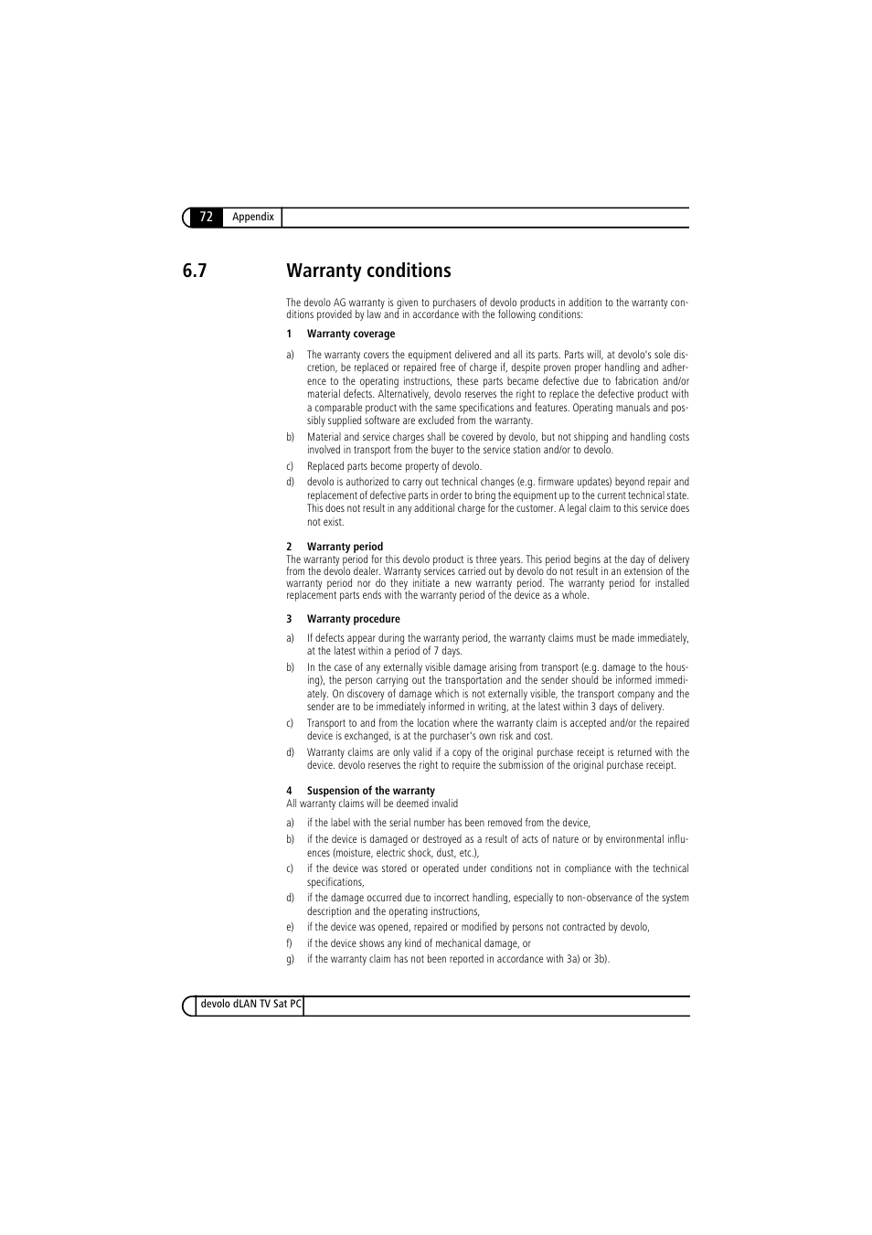 7 warranty conditions, Warranty conditions | Devolo dLAN TV Sat PC User Manual | Page 72 / 75