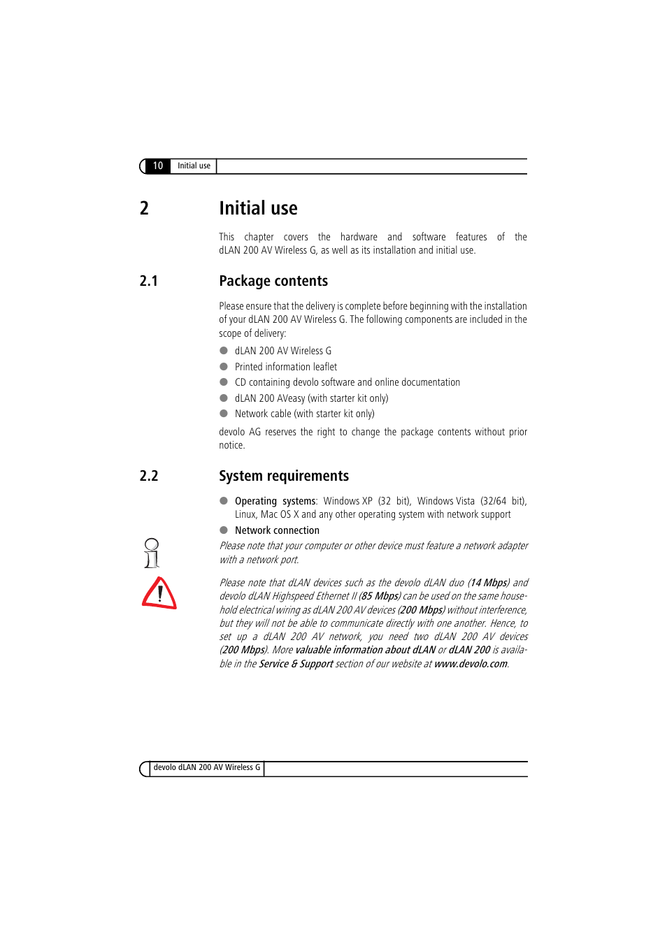 2 initial use, 1 package contents, 2 system requirements | Package contents, System requirements, 2initial use | Devolo dLAN 200 AV Wireless G User Manual | Page 10 / 47