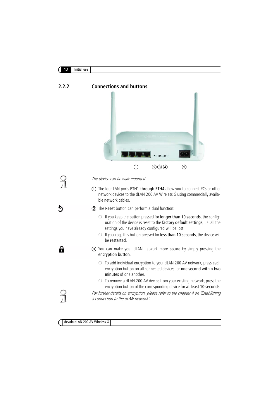 2 connections and buttons, Connections and buttons | Devolo dLAN 200 AV Wireless G User Manual | Page 12 / 47