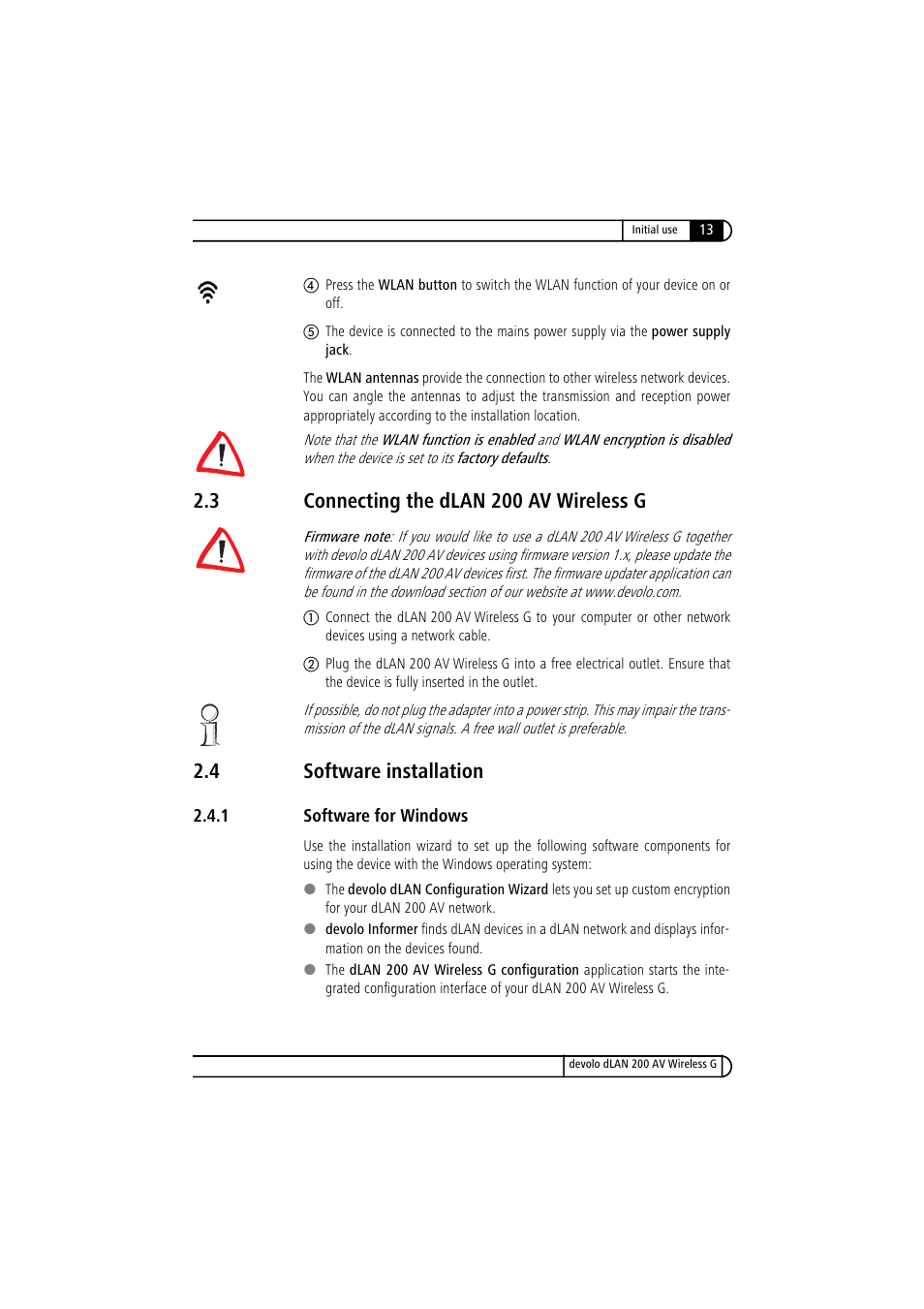 3 connecting the dlan 200 av wireless g, 4 software installation, 1 software for windows | Connecting the dlan 200 av wireless g, Software installation 2.4.1, Software for windows | Devolo dLAN 200 AV Wireless G User Manual | Page 13 / 47