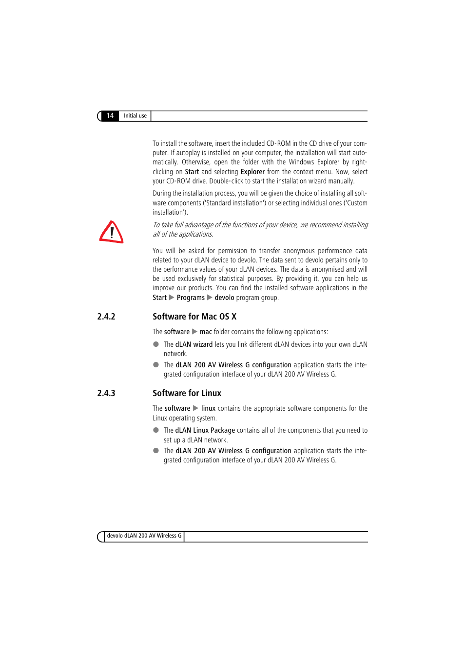 2 software for mac os x, 3 software for linux, Software for mac os x | Software for linux | Devolo dLAN 200 AV Wireless G User Manual | Page 14 / 47