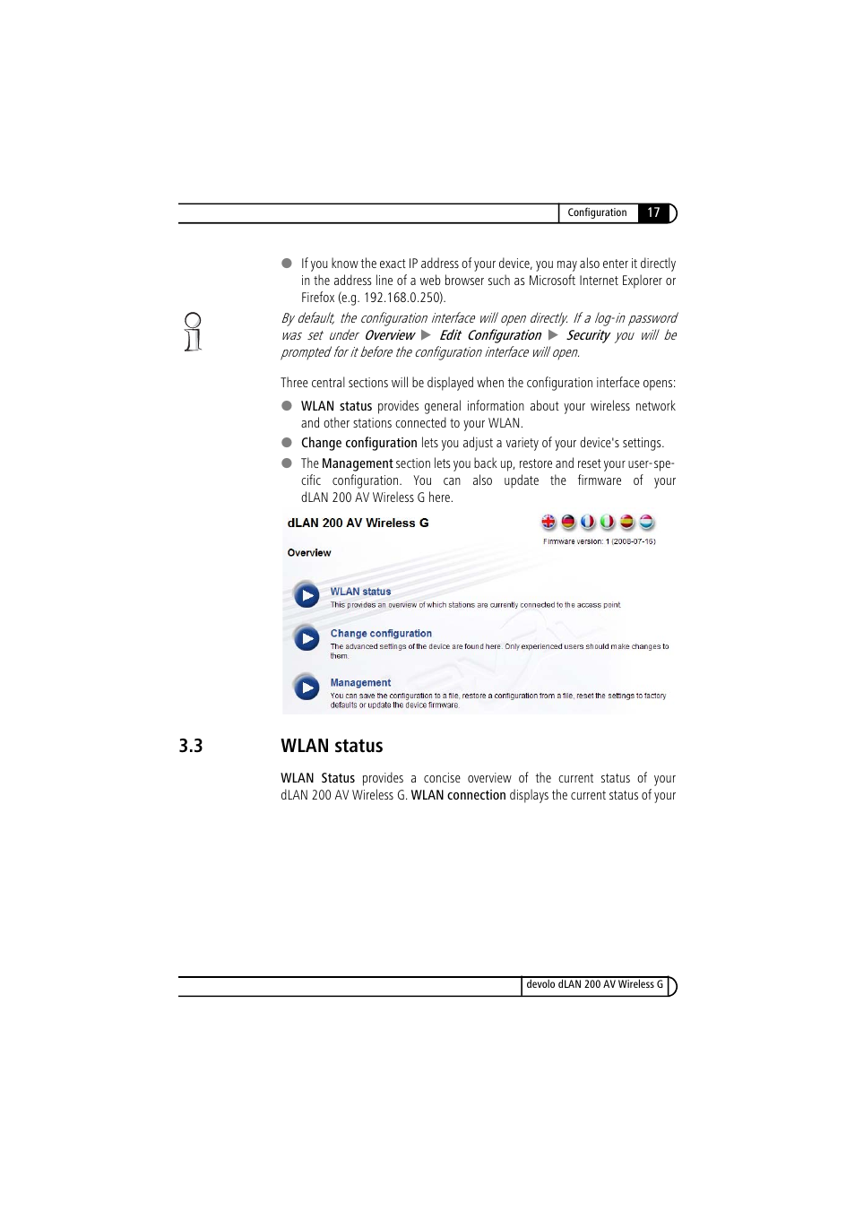 3 wlan status, Wlan status | Devolo dLAN 200 AV Wireless G User Manual | Page 17 / 47