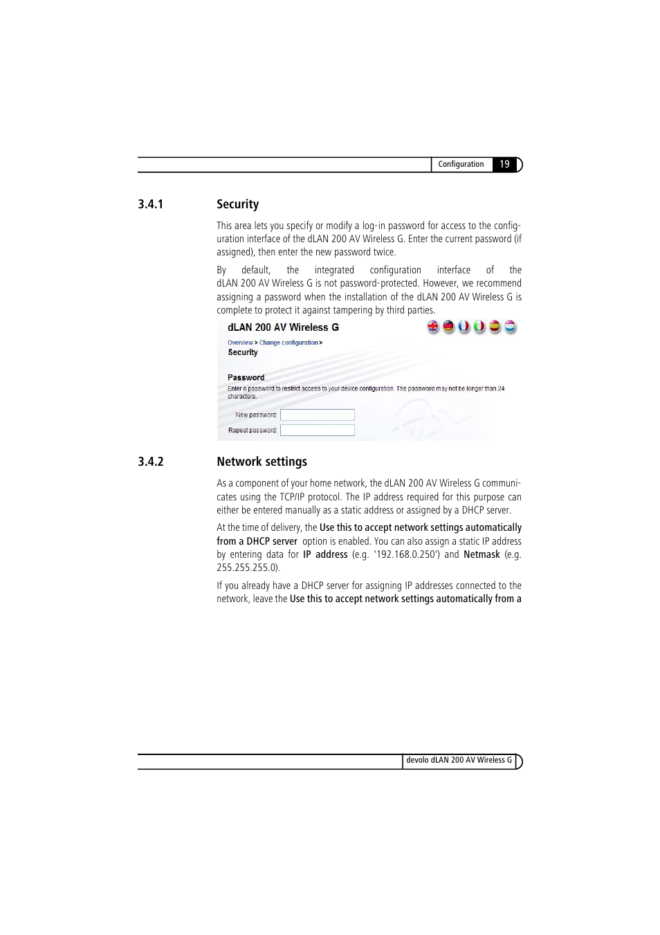 1 security, 2 network settings, Security | Network settings | Devolo dLAN 200 AV Wireless G User Manual | Page 19 / 47