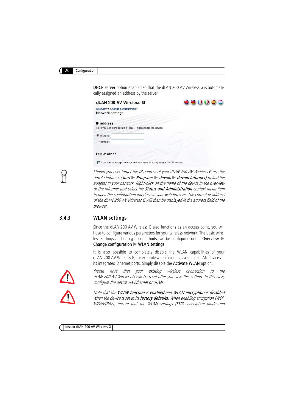 3 wlan settings, Wlan settings | Devolo dLAN 200 AV Wireless G User Manual | Page 20 / 47