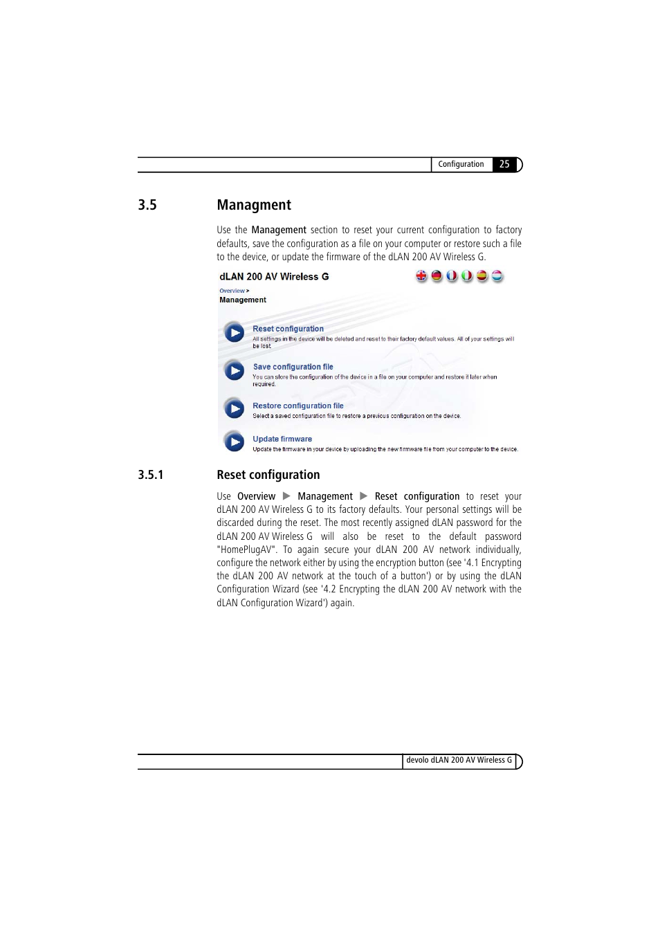 5 managment, 1 reset configuration, Managment 3.5.1 | Reset configuration | Devolo dLAN 200 AV Wireless G User Manual | Page 25 / 47