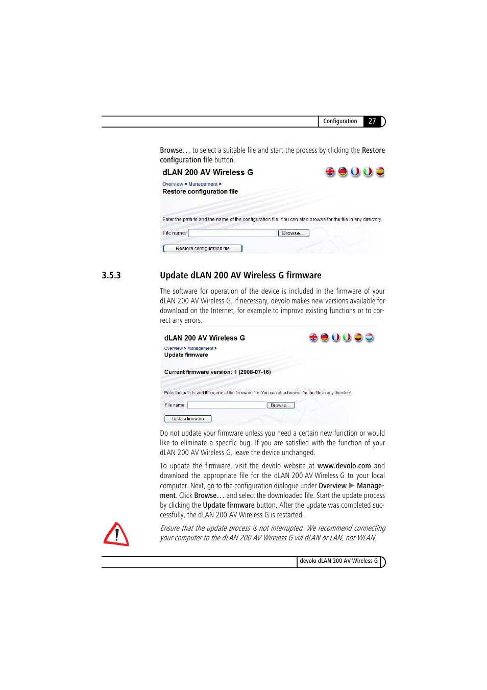 3 update dlan 200 av wireless g firmware, Update dlan 200 av wireless g firmware | Devolo dLAN 200 AV Wireless G User Manual | Page 27 / 47