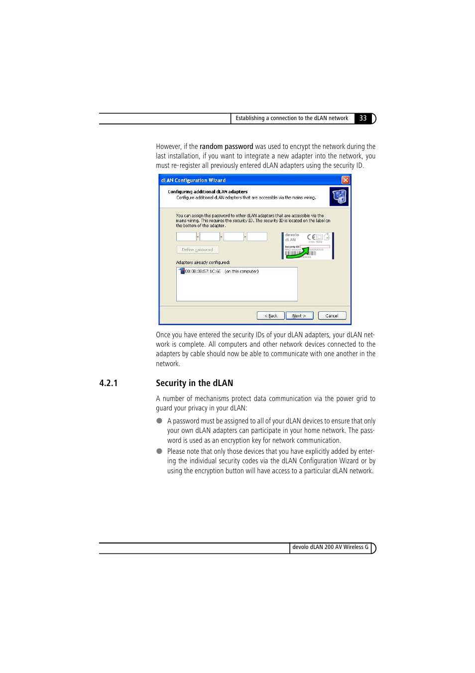 1 security in the dlan, Security in the dlan | Devolo dLAN 200 AV Wireless G User Manual | Page 33 / 47
