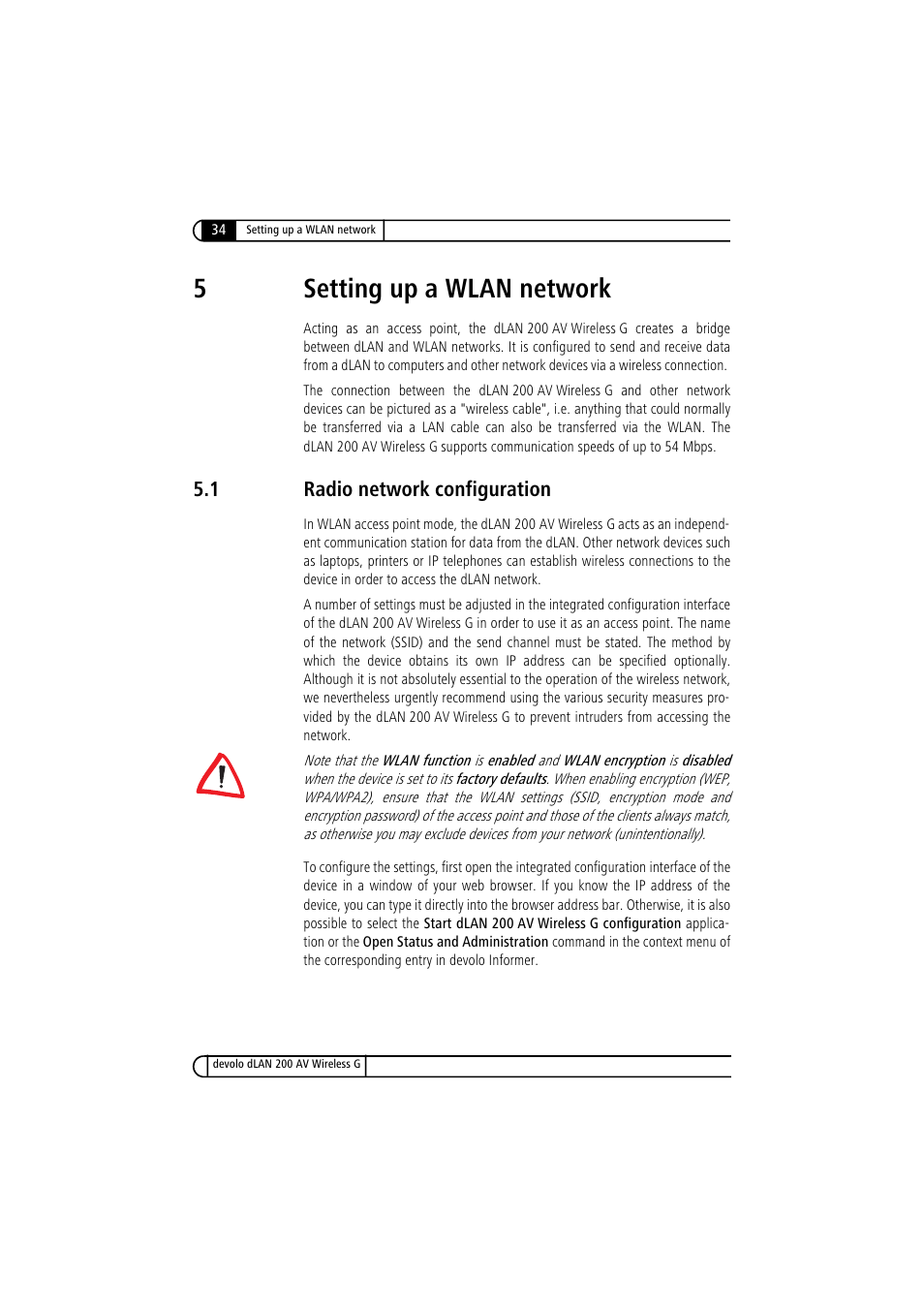 5 setting up a wlan network, 1 radio network configuration, Radio network configuration | 5setting up a wlan network | Devolo dLAN 200 AV Wireless G User Manual | Page 34 / 47