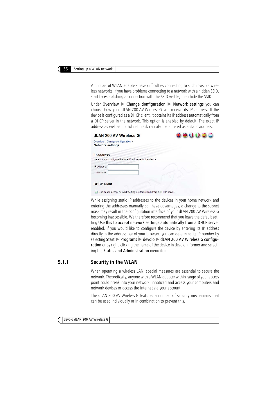 1 security in the wlan, Security in the wlan | Devolo dLAN 200 AV Wireless G User Manual | Page 36 / 47