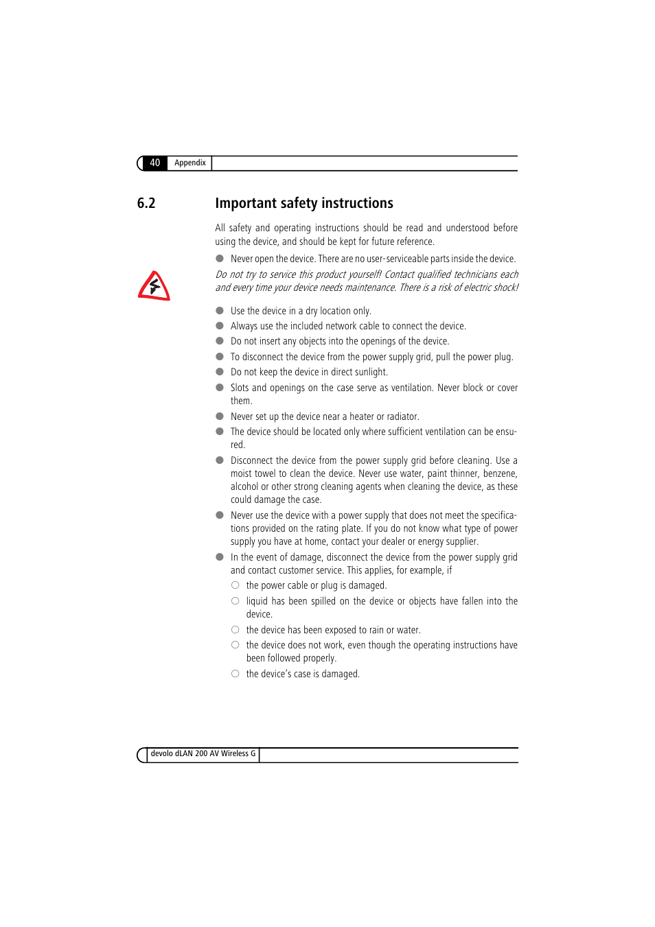 2 important safety instructions, Important safety instructions | Devolo dLAN 200 AV Wireless G User Manual | Page 40 / 47