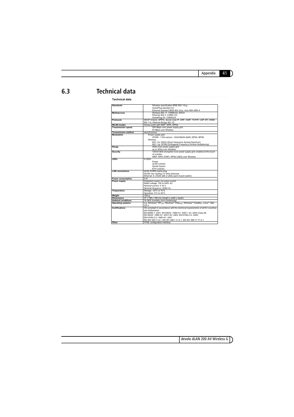 3 technical data, Technical data, Appendix | Devolo dlan 200 av wireless g | Devolo dLAN 200 AV Wireless G User Manual | Page 41 / 47
