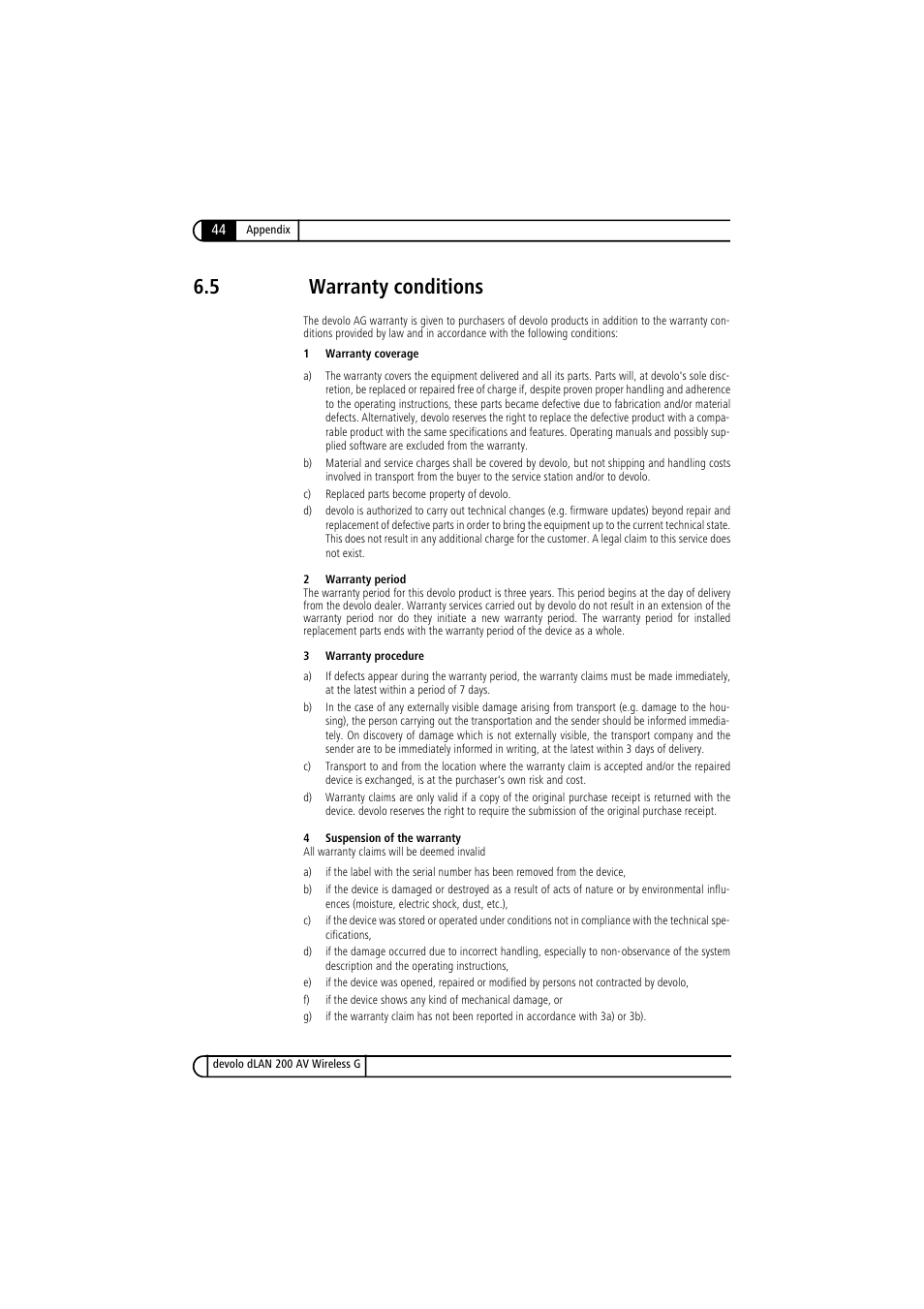 5 warranty conditions, Warranty conditions | Devolo dLAN 200 AV Wireless G User Manual | Page 44 / 47