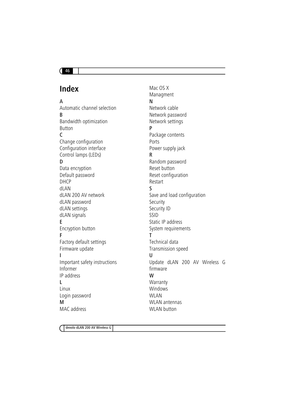 Index | Devolo dLAN 200 AV Wireless G User Manual | Page 46 / 47